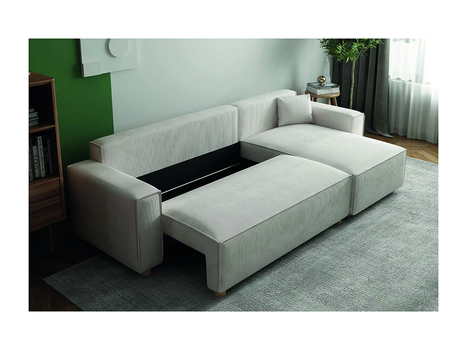 Canapé convertible d'angle réversible 4 places velours côtelé beige COSY