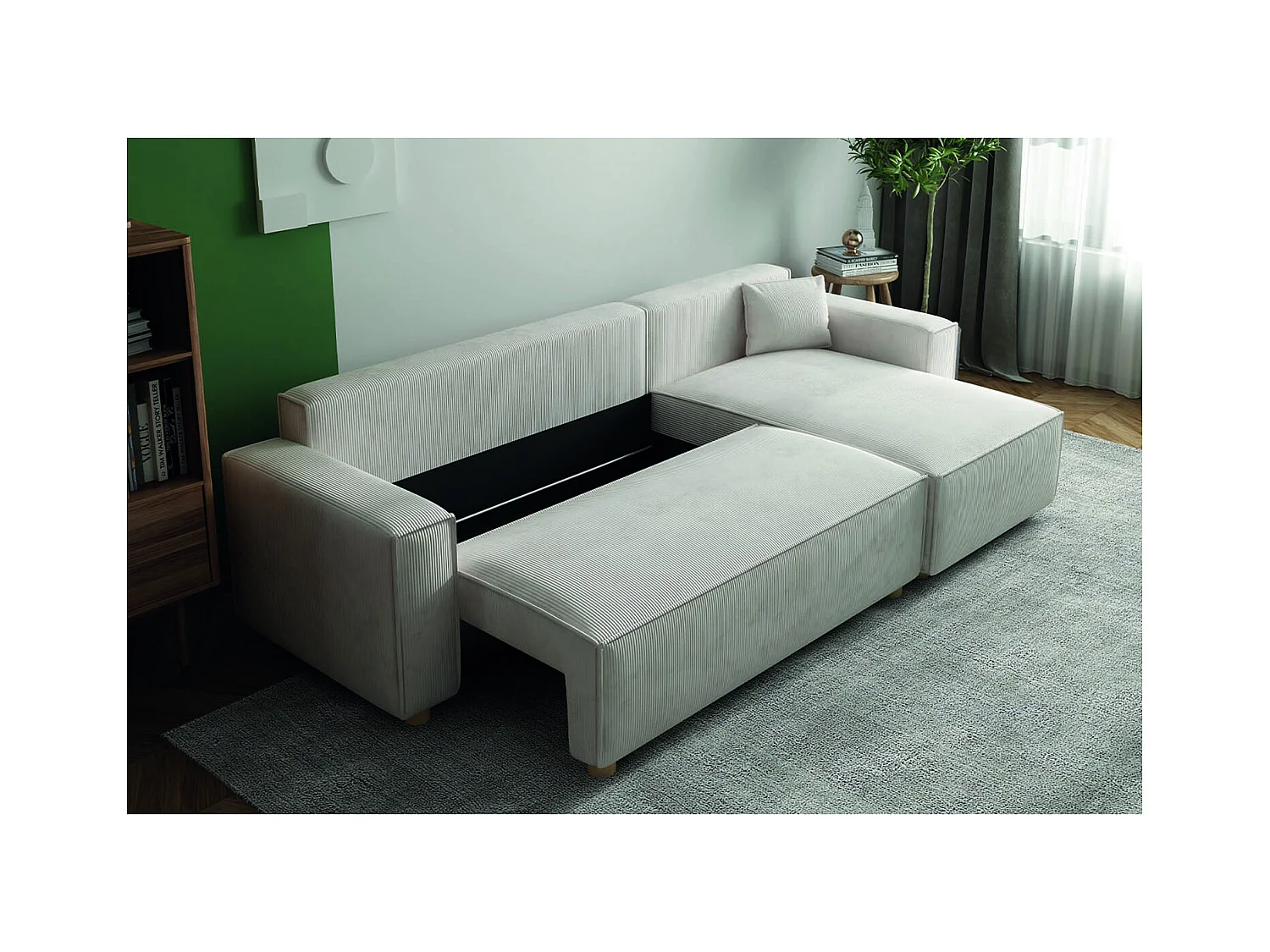 Canapé convertible d'angle réversible 4 places velours côtelé beige COSY