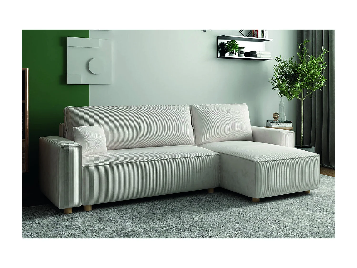 Canapé convertible d'angle réversible 4 places velours côtelé beige COSY