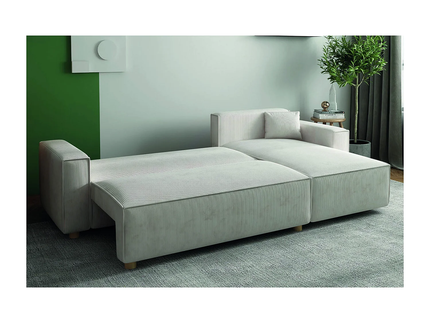 Canapé convertible d'angle réversible 4 places velours côtelé beige COSY