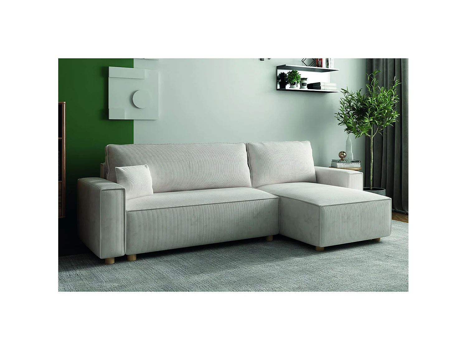 Canapé d'angle réversible convertible 4 places en velours côtelé beige COSY