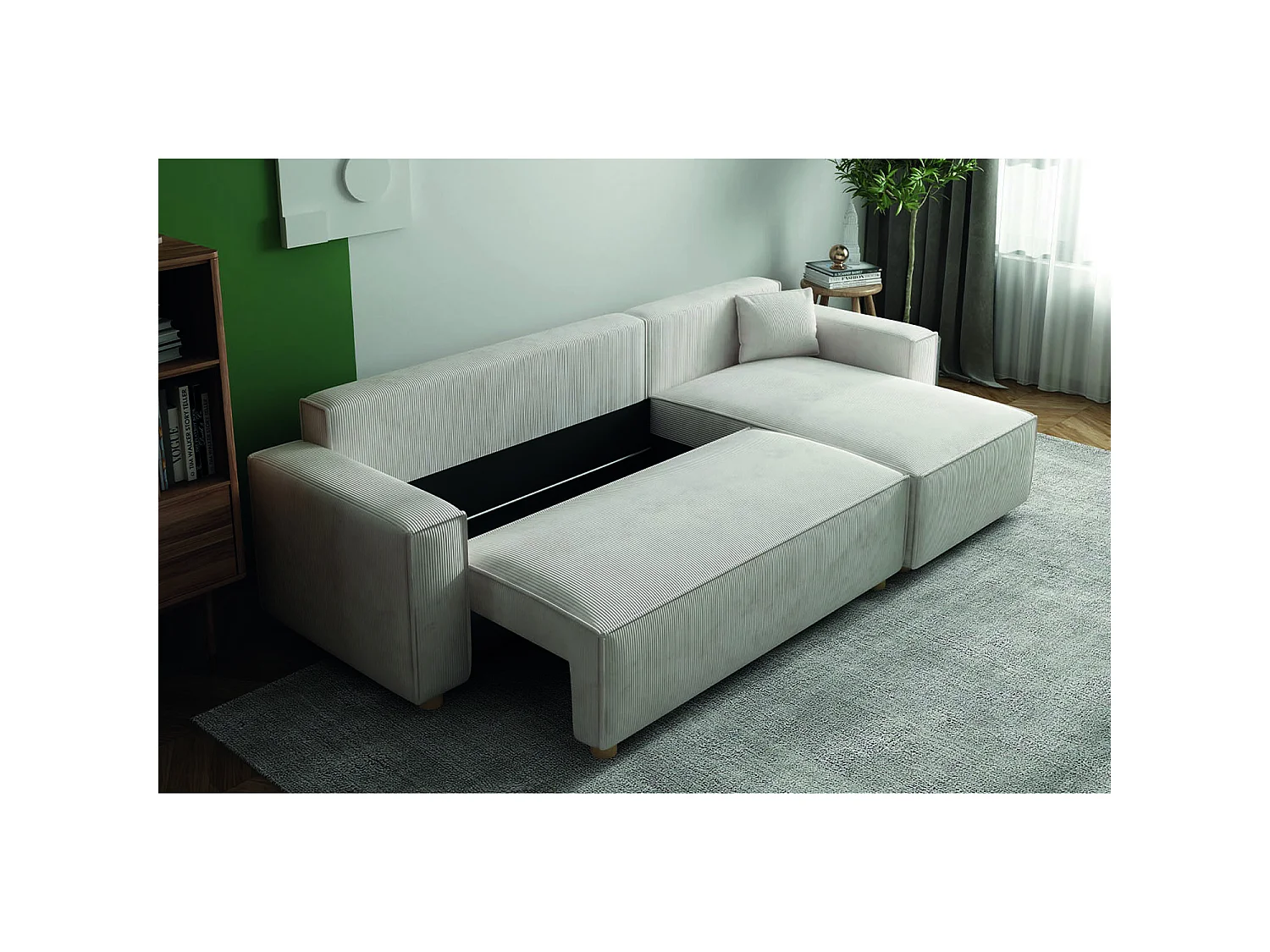 Canapé d'angle réversible convertible 4 places en velours côtelé beige COSY