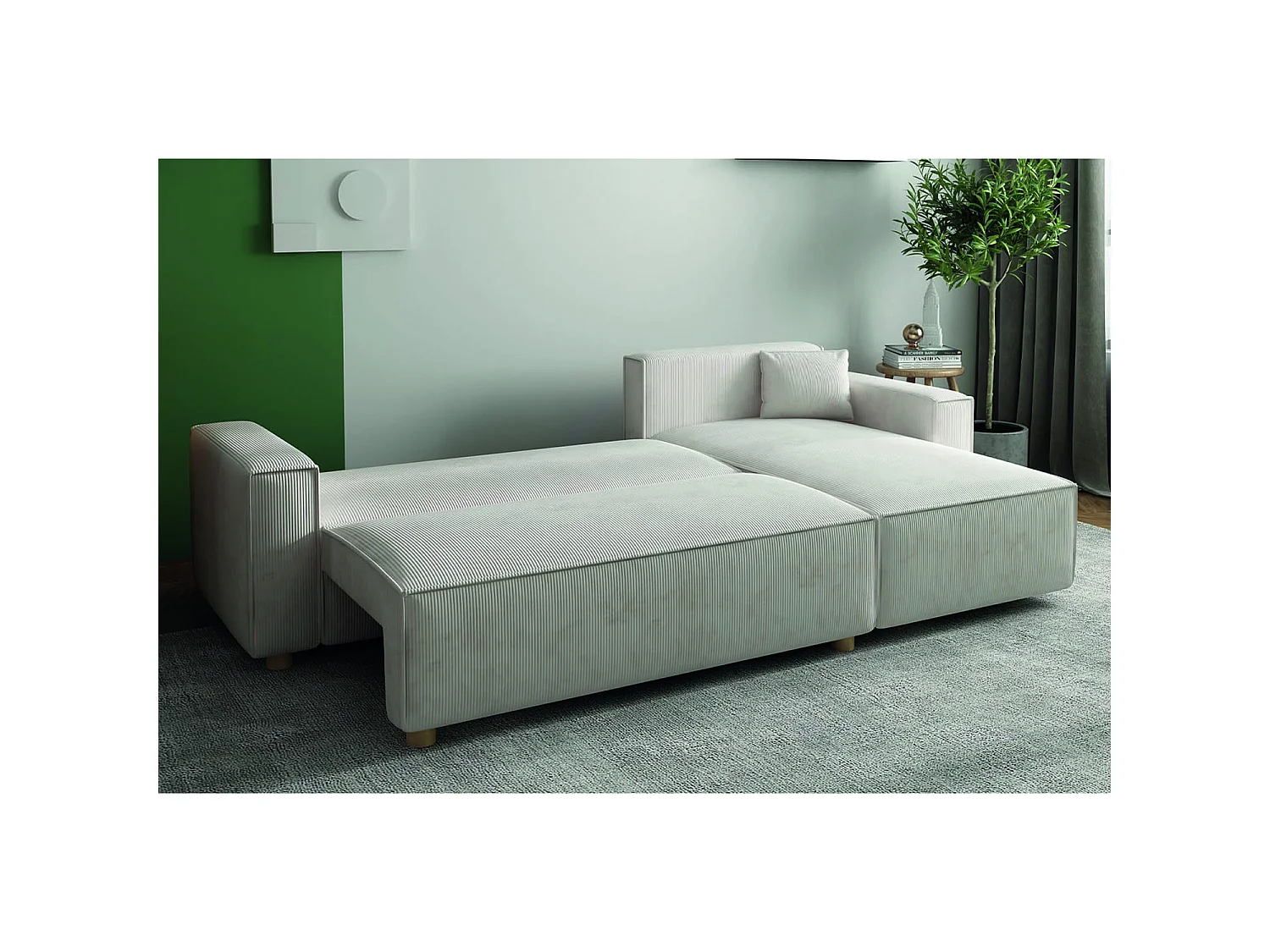 Canapé d'angle réversible convertible 4 places en velours côtelé beige COSY