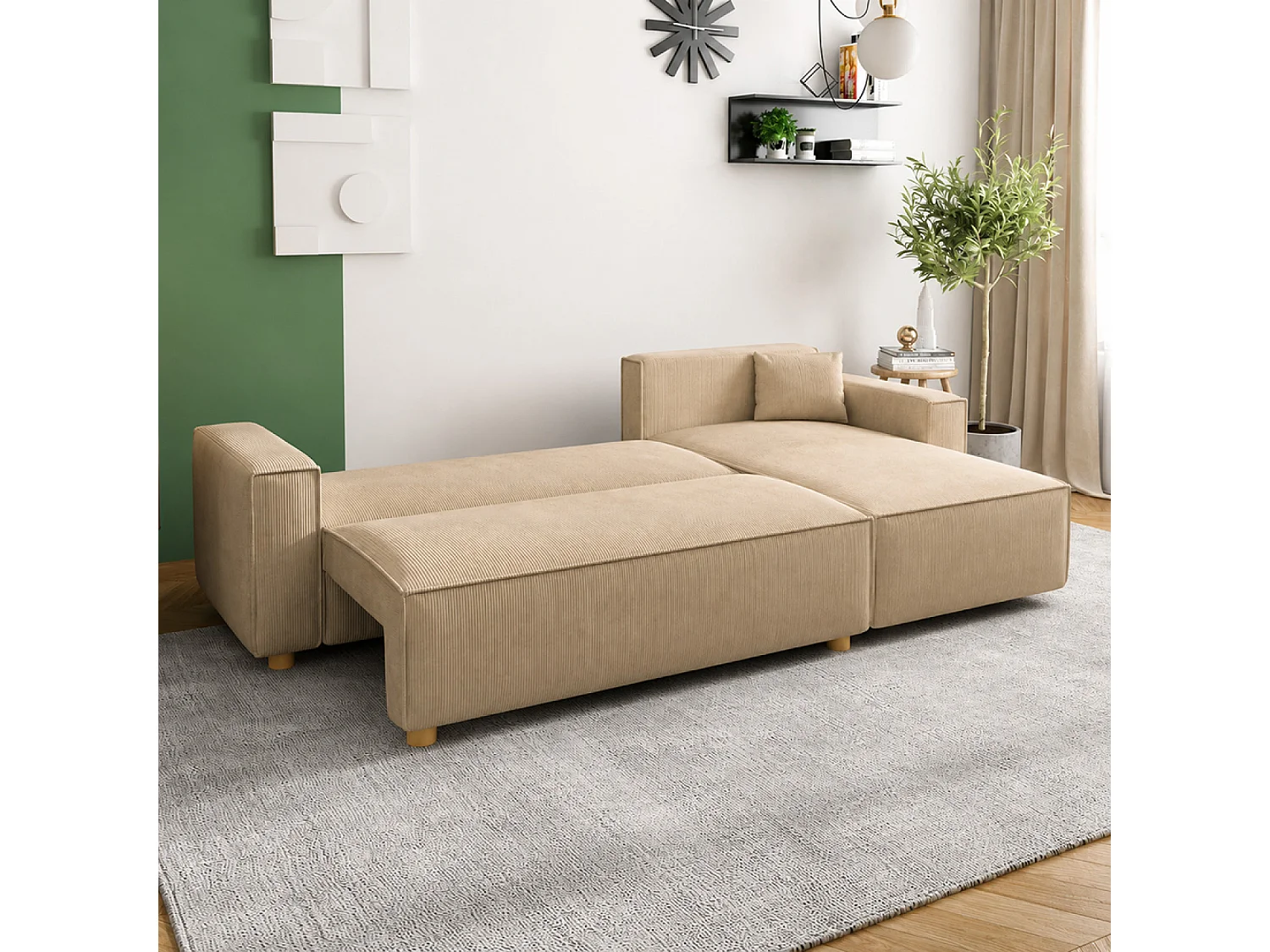 Canapé d'angle réversible convertible 4 places en velours côtelé beige COSY