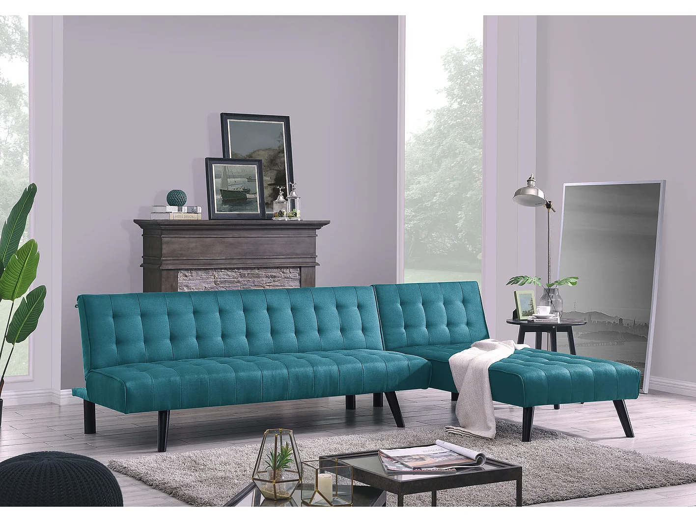 Hoekslaapbank TIM voor 4 personen in eendblauwe stof - Elegant en modern, ideaal voor familie en gasten