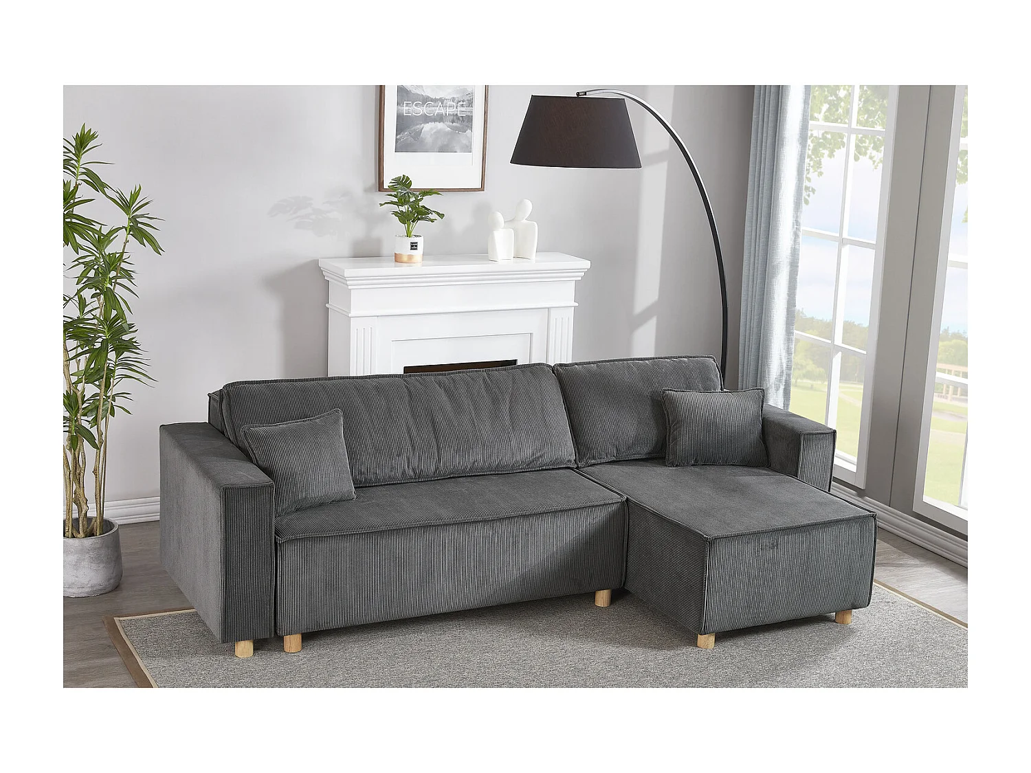 Canapé convertible d'angle réversible 4 places velours côtelé gris COSY