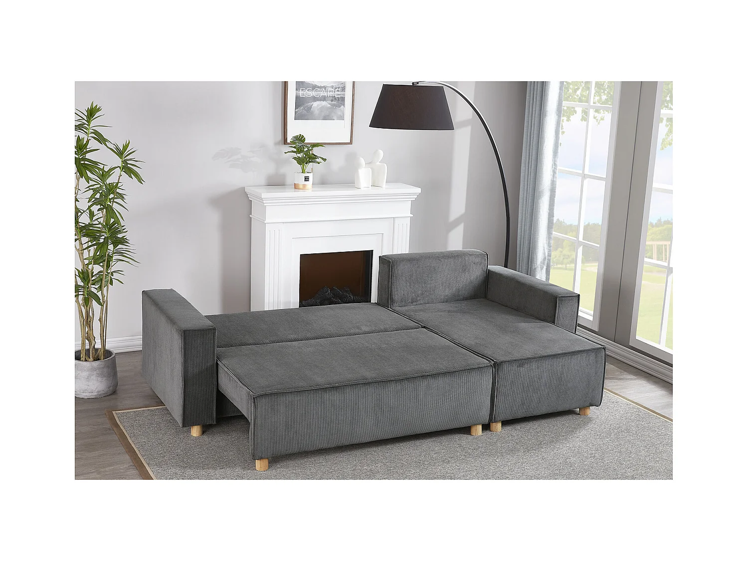 Ecksofa mit Schlaffunktion, 4-Sitzer, grauer Rippvelours COSY
