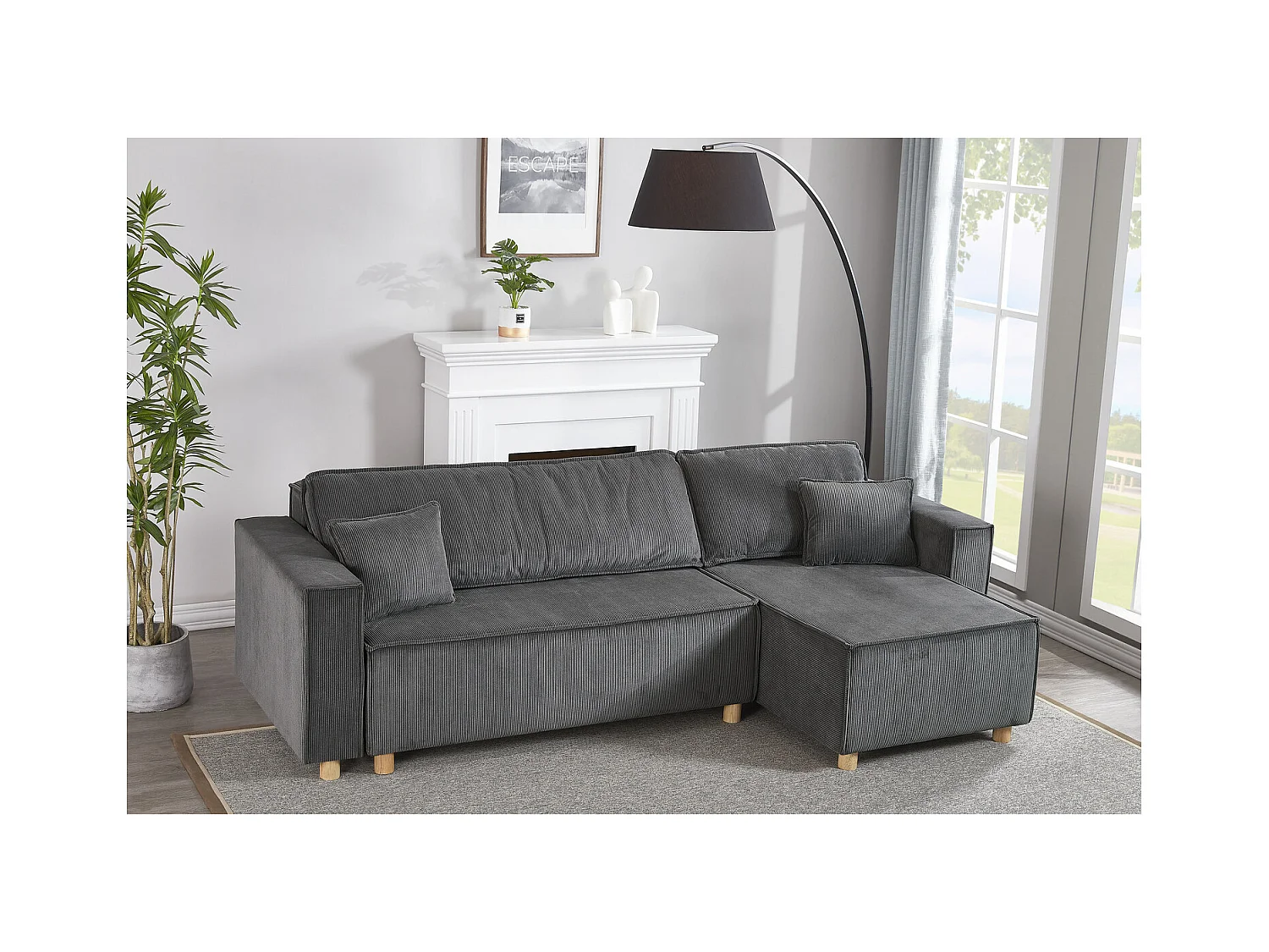 Ecksofa mit Schlaffunktion, 4-Sitzer, grauer Rippvelours COSY