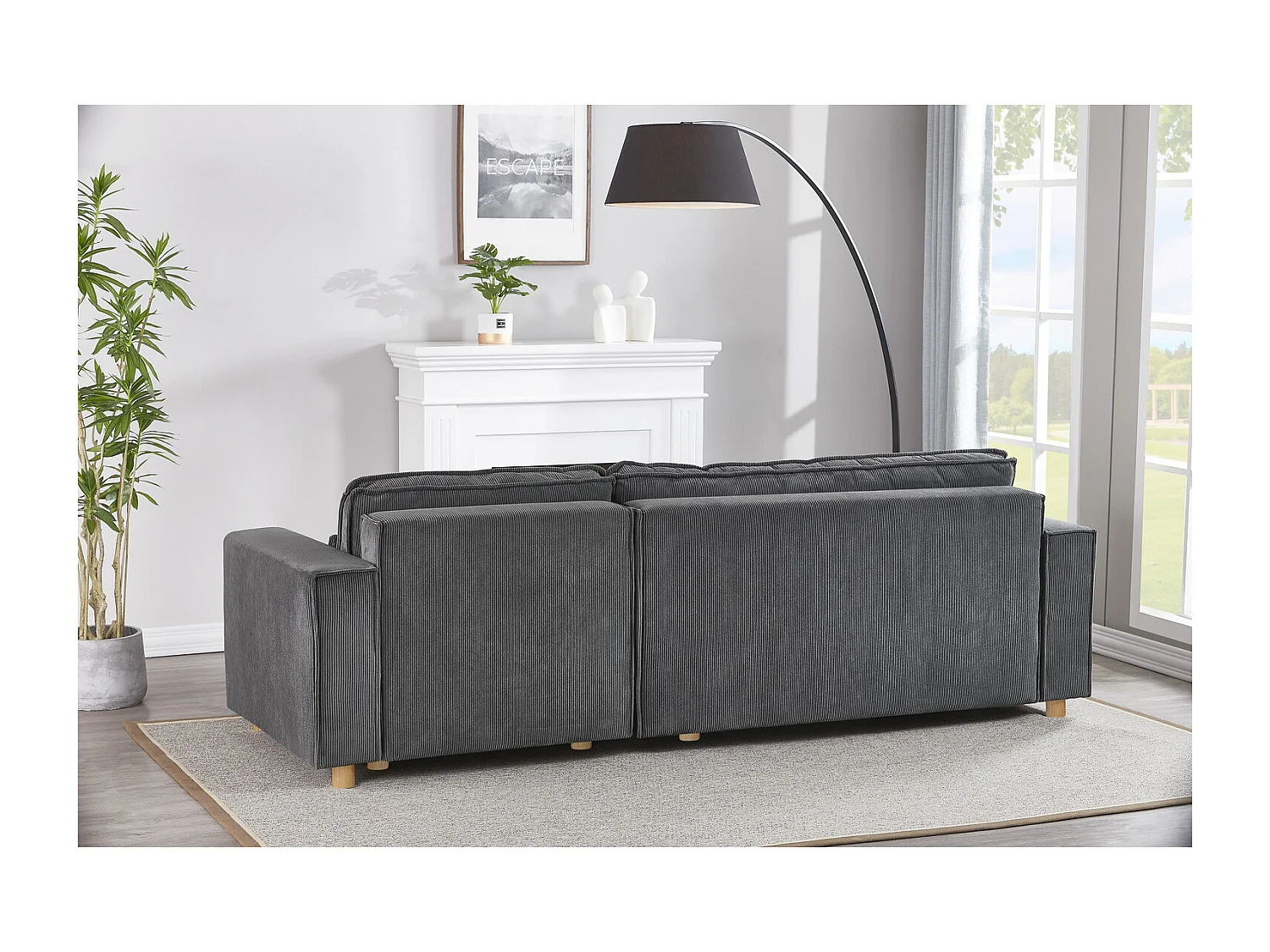 Ecksofa mit Schlaffunktion, 4-Sitzer, grauer Rippvelours COSY