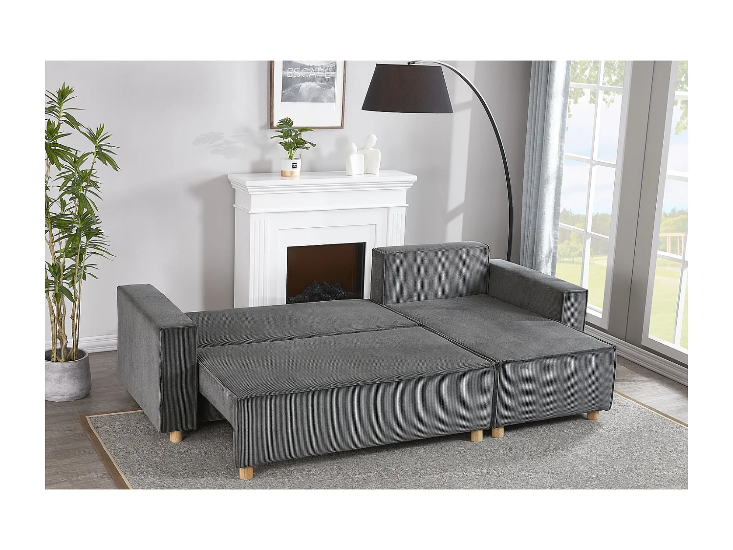 Canapé convertible d'angle réversible 4 places velours côtelé gris COSY