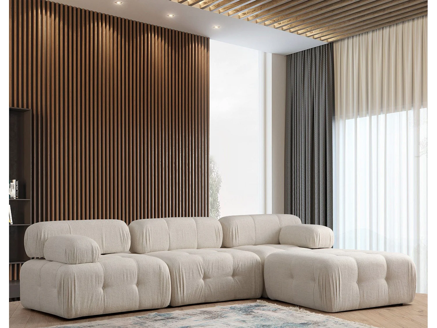 Canapé modulable 3 places avec pouf Nounou Tissu bouclette Blanc crème