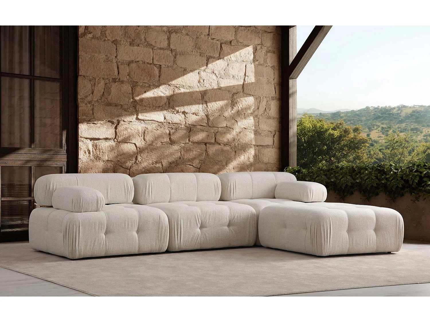 Canapé modulable 3 places avec pouf Nounou Tissu bouclette Blanc crème