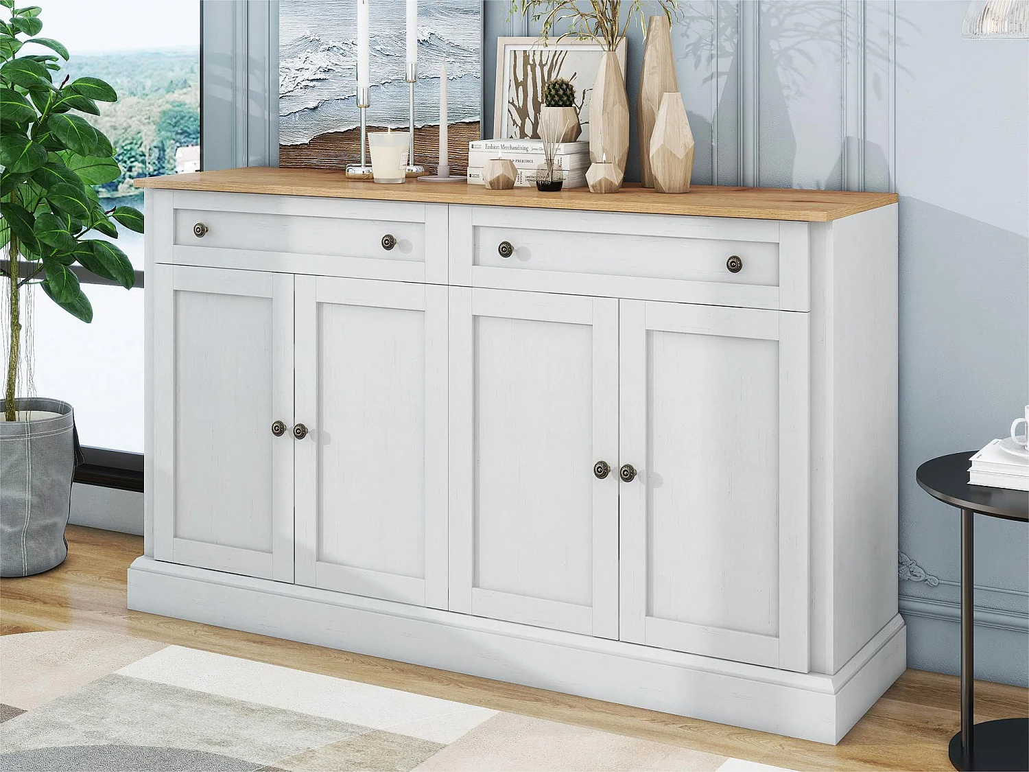 Buffet avec 4 portes et 2 tiroirs - bois - hauteur 150cm - dessus Naturel