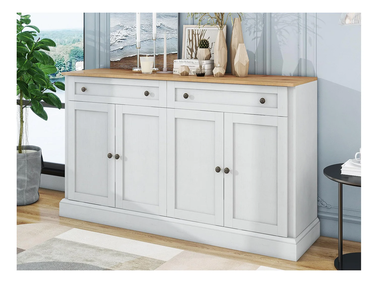 Buffet avec 4 portes et 2 tiroirs - bois - hauteur 150cm - dessus Naturel