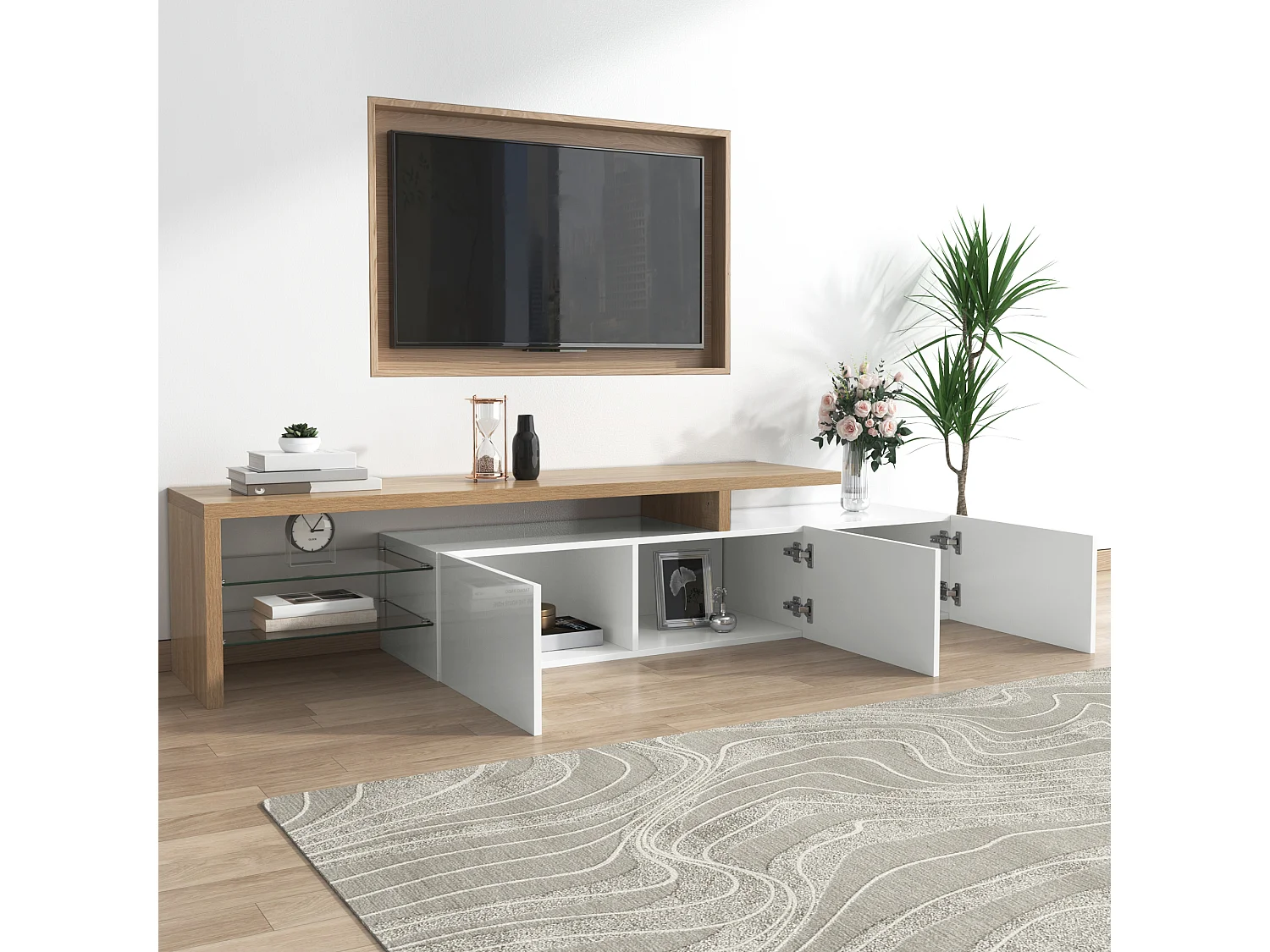 Buffet avec 4 portes et 2 tiroirs - bois - hauteur 150cm - dessus Naturel