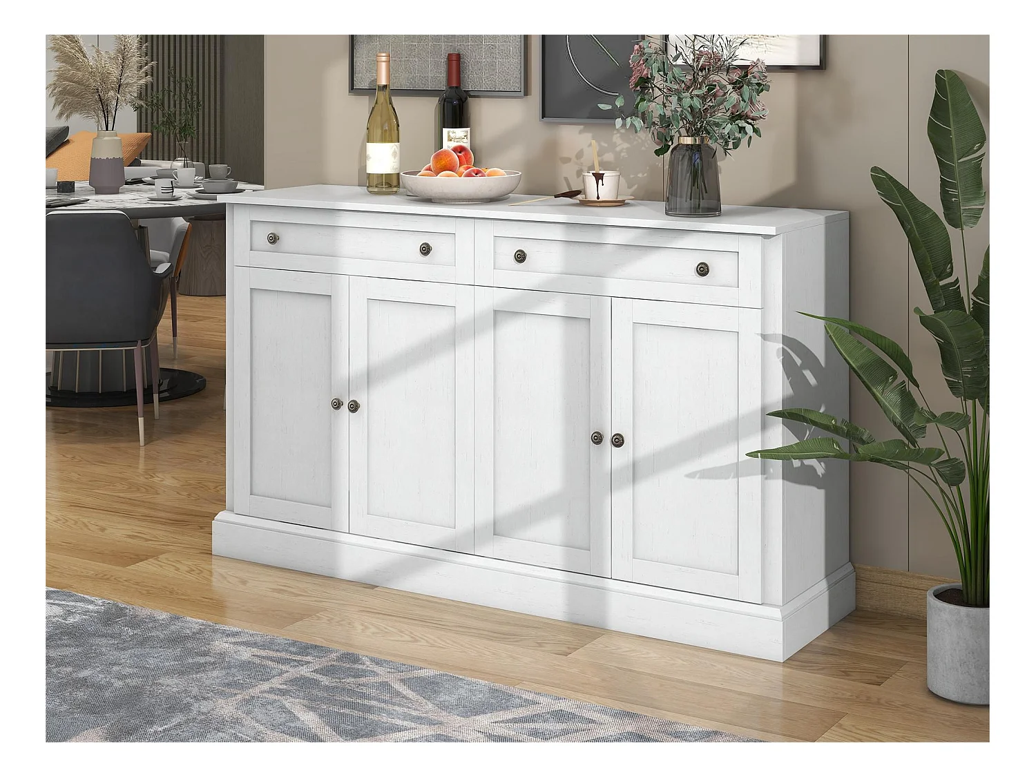Buffet avec 4 portes et 2 tiroirs - bois - hauteur 150cm - Blanc antique