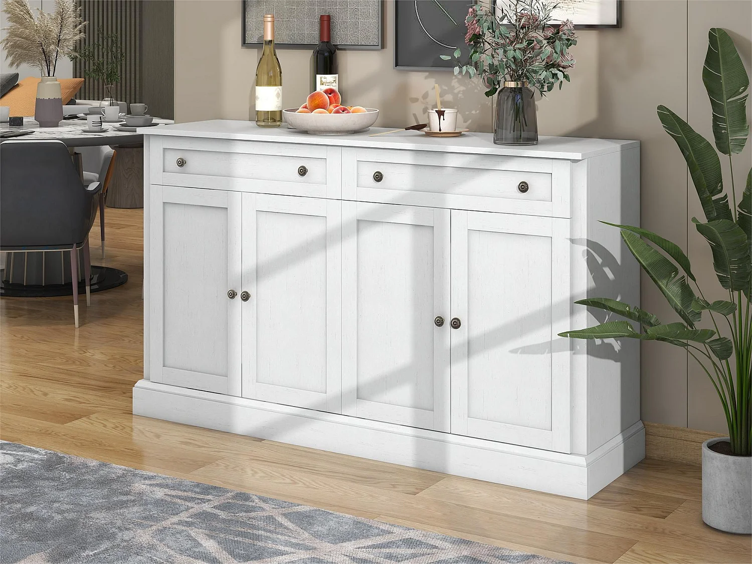 Buffet avec 4 portes et 2 tiroirs - bois - hauteur 150cm - Blanc antique