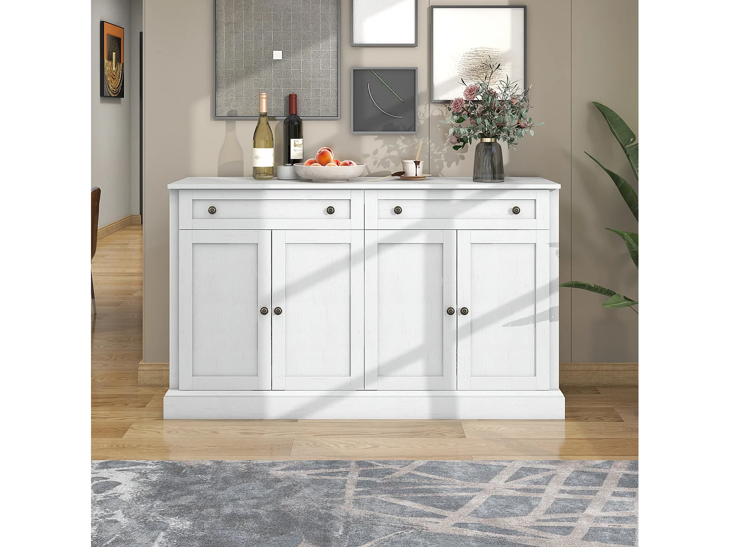 Buffet avec 4 portes et 2 tiroirs - bois - hauteur 150cm - Blanc antique