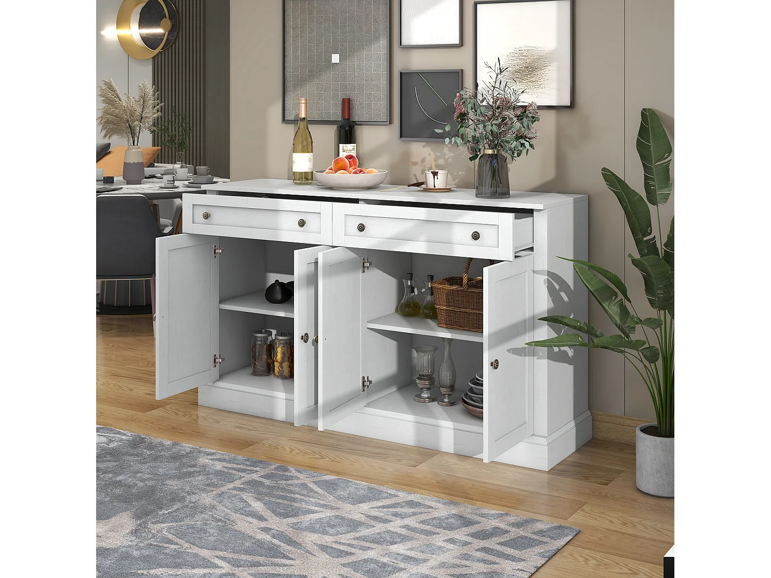 Buffet avec 4 portes et 2 tiroirs - bois - hauteur 150cm - Blanc antique