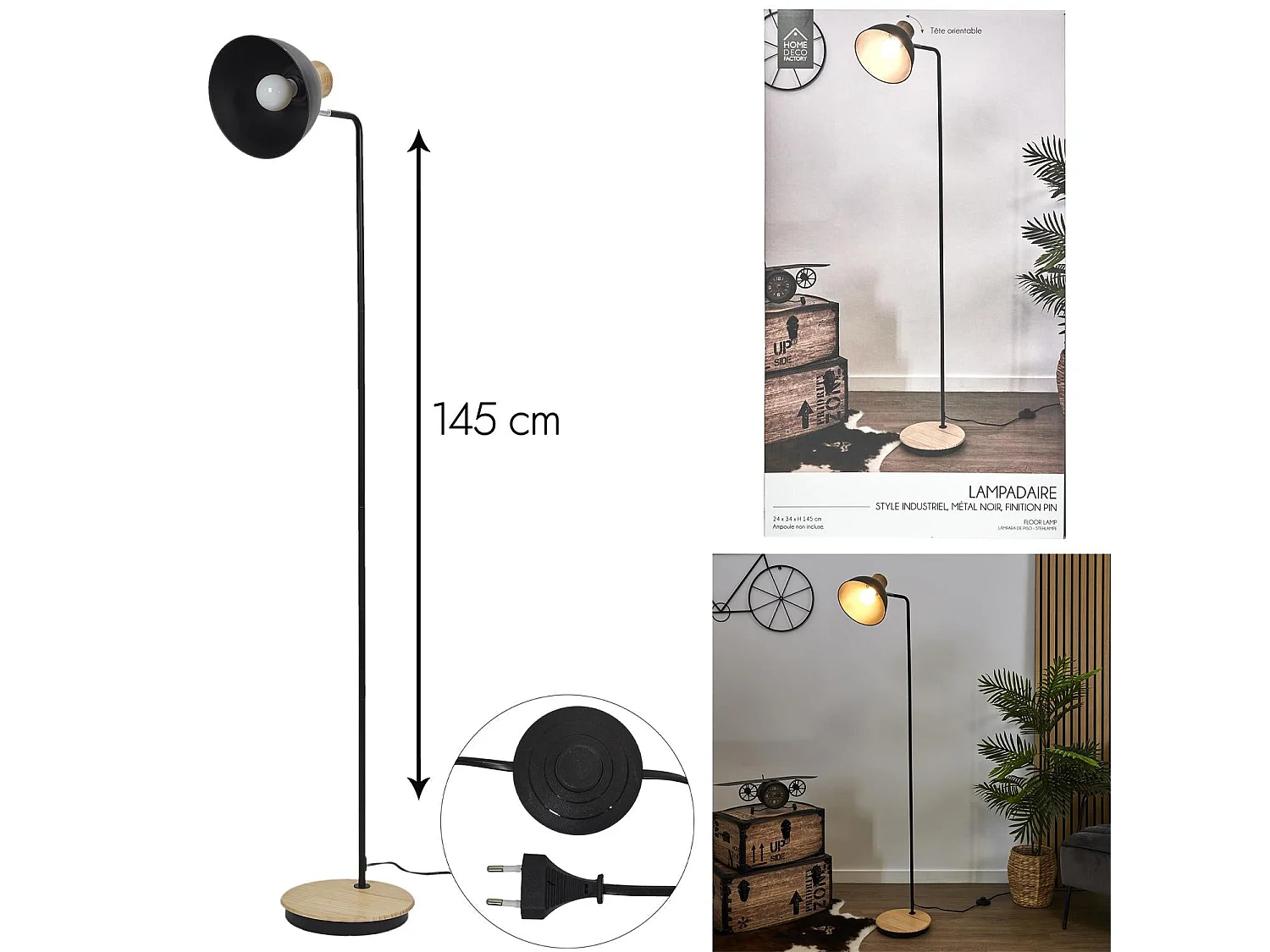 Lampadaire Metal Noire Bois Noir