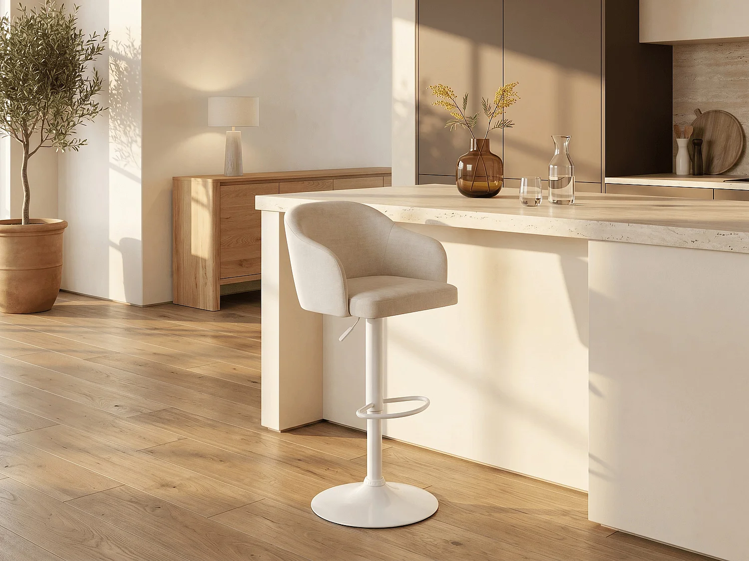 Banco alto tecido e metal, altura ajustável cor creme e branco - CARSTEN