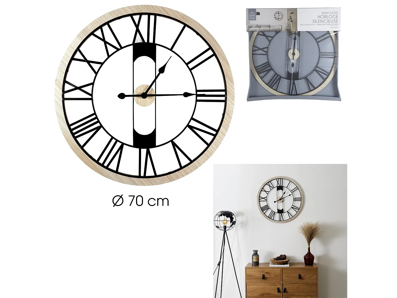 Horloge Silencieuse Bois Et Metal D70cm Jack Marron, Noir