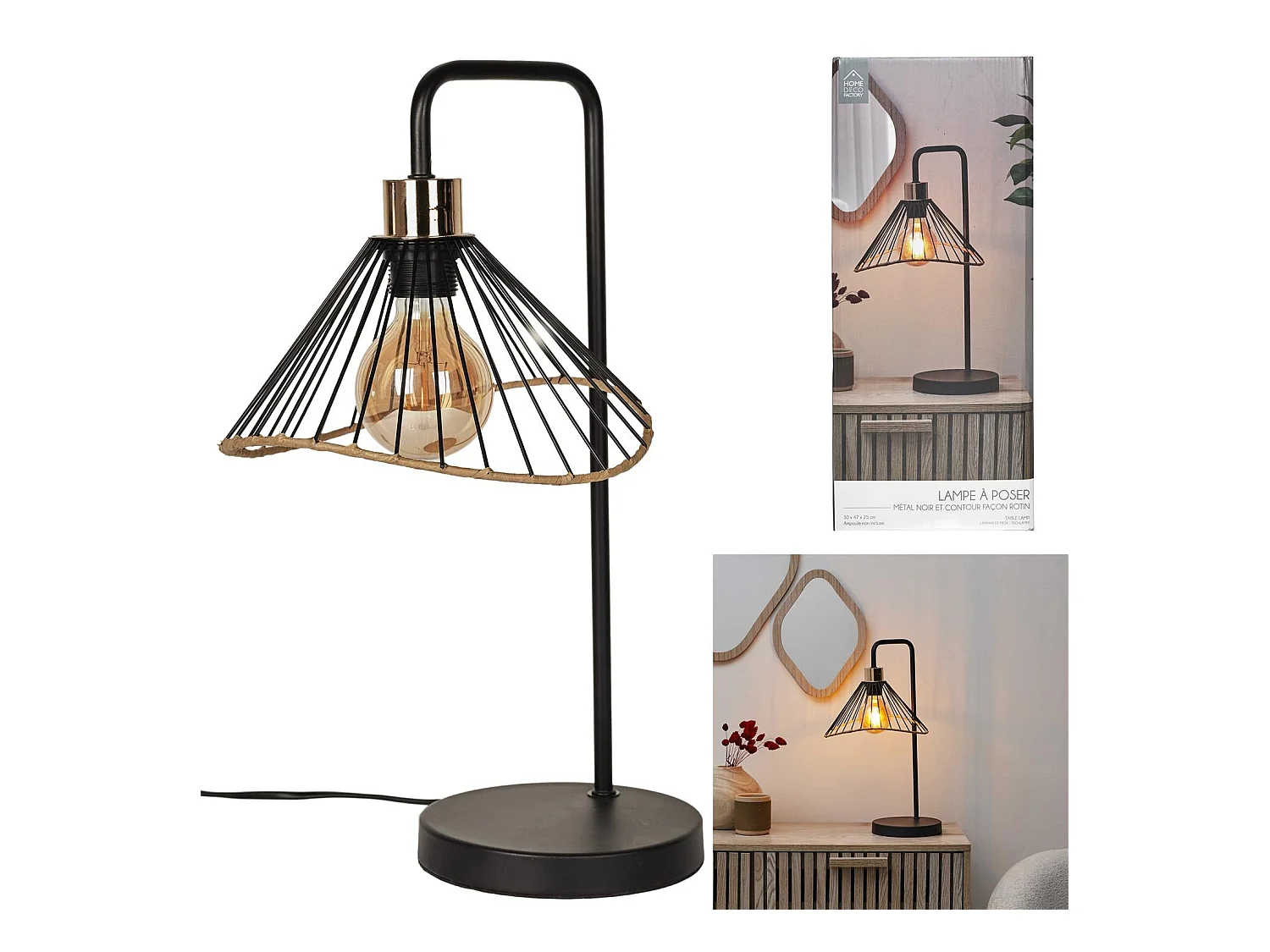 Lampe A Poser Abat Jour Noir Et Rotin Noir