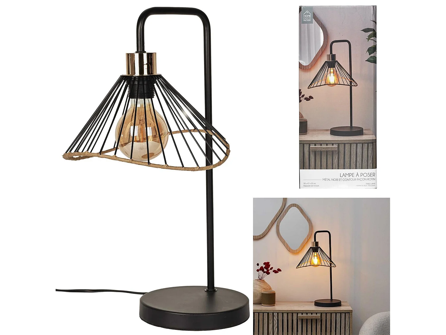 Lampe A Poser Abat Jour Noir Et Rotin Noir