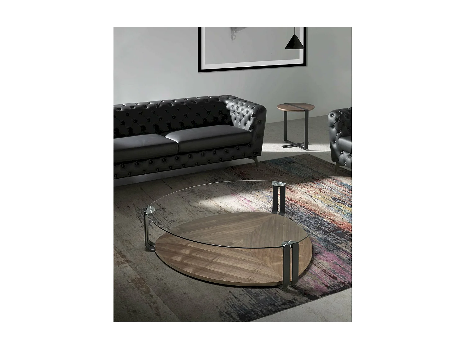 Table basse bois piètement acier peint plateau en verre trempé