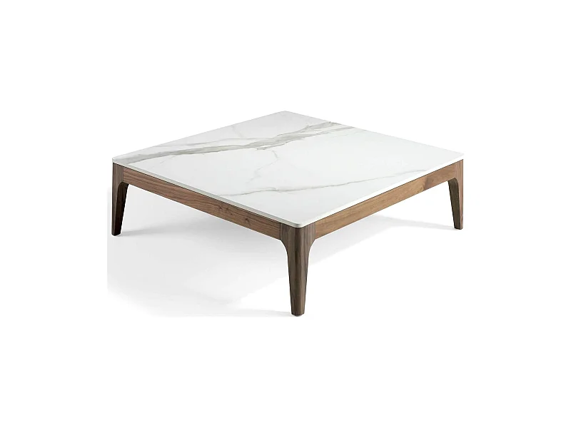 Table basse carrée plateau marbre céramique structure bois massif