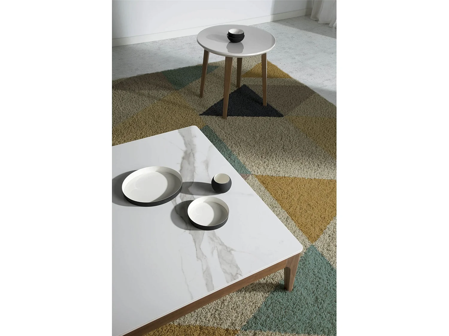 Table basse carrée plateau marbre céramique structure bois massif