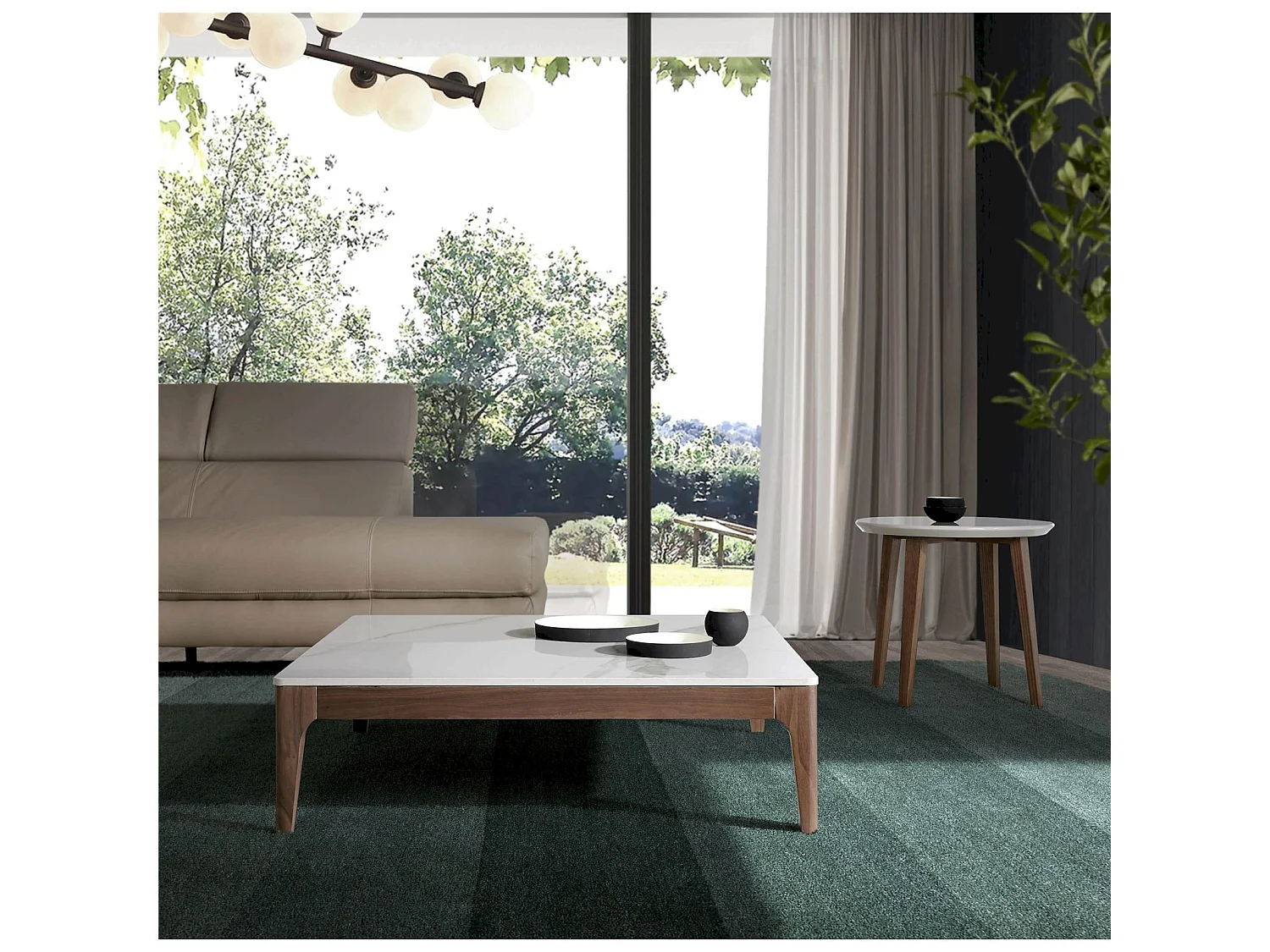 Table basse carrée plateau marbre céramique structure bois massif