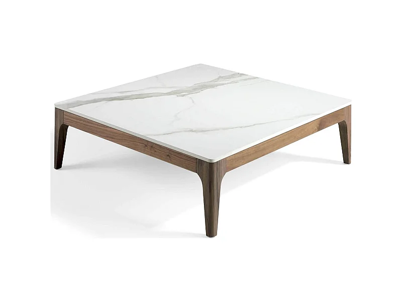 Table basse carrée plateau marbre céramique structure bois massif