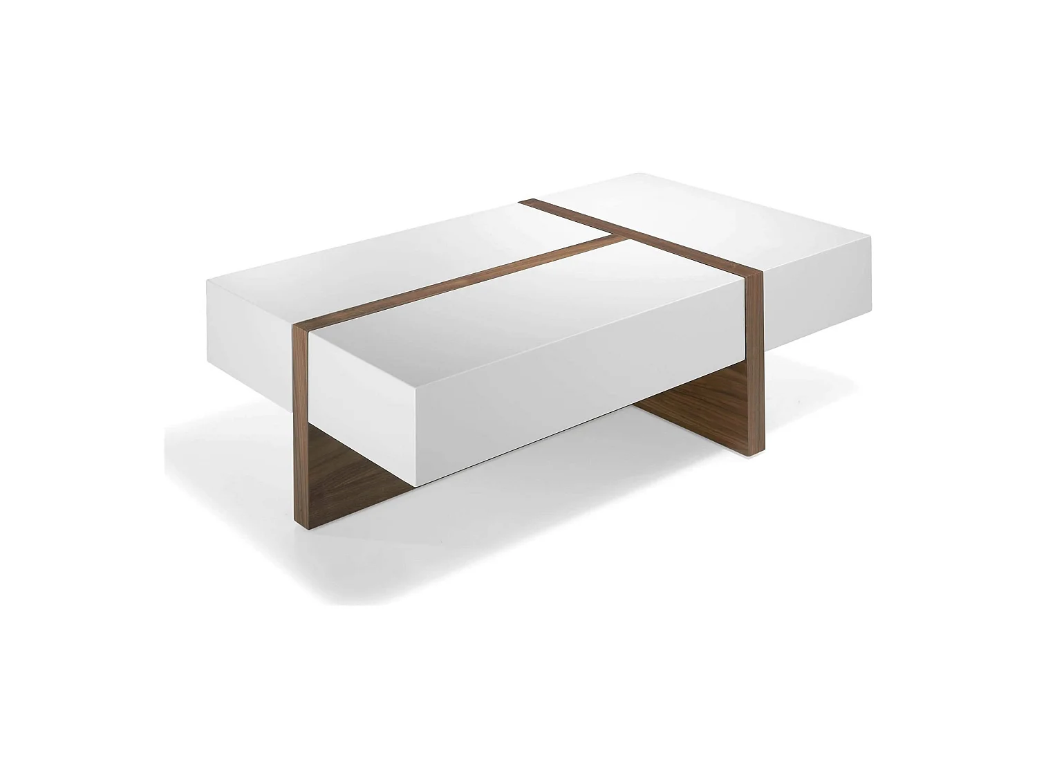Table basse rectangulaire bois plateau laqué 2 tiroirs latéraux 1 tiroir