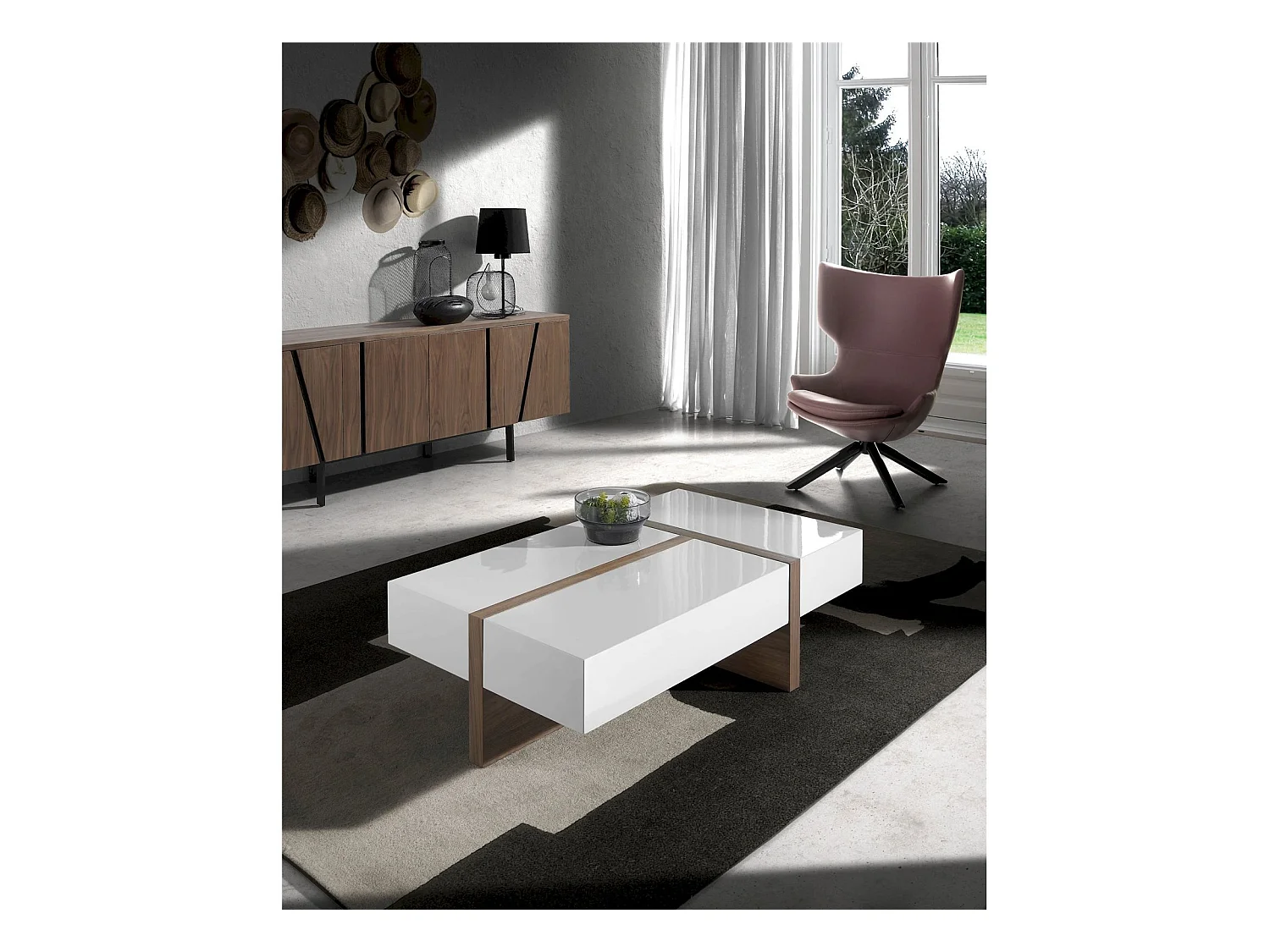 Table basse rectangulaire bois plateau laqué 2 tiroirs latéraux 1 tiroir