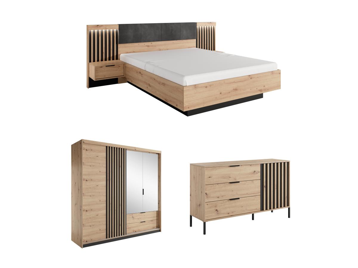 Schlafzimmer-Set - Bett mit Nachttischen - 160 x 200 cm + Kommode + Kleider günstig online kaufen