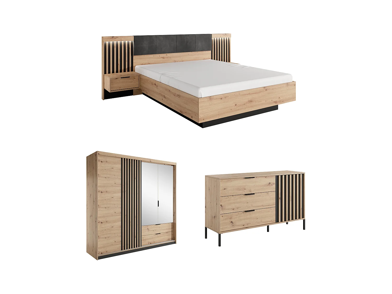 Set letto con comodini 160 x 200 cm + Comò Armadio Naturale e Nero - ARIADA