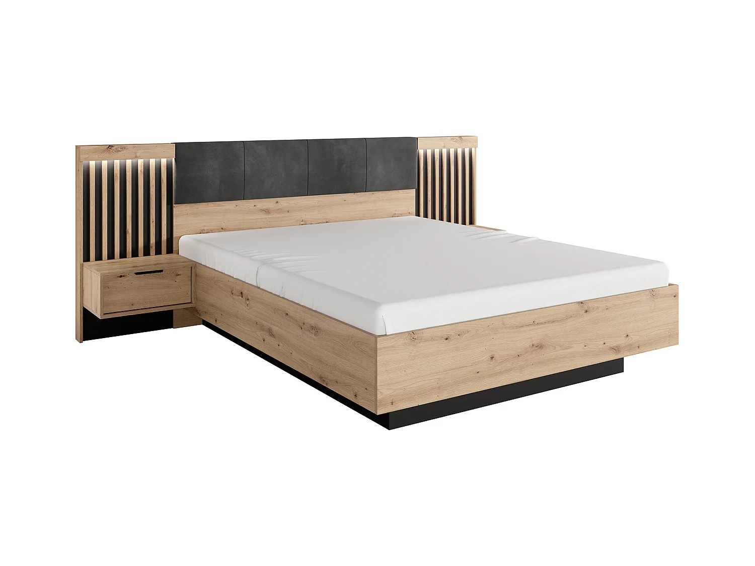 Set letto con comodini 160 x 200 cm + Comò Armadio Naturale e Nero - ARIADA