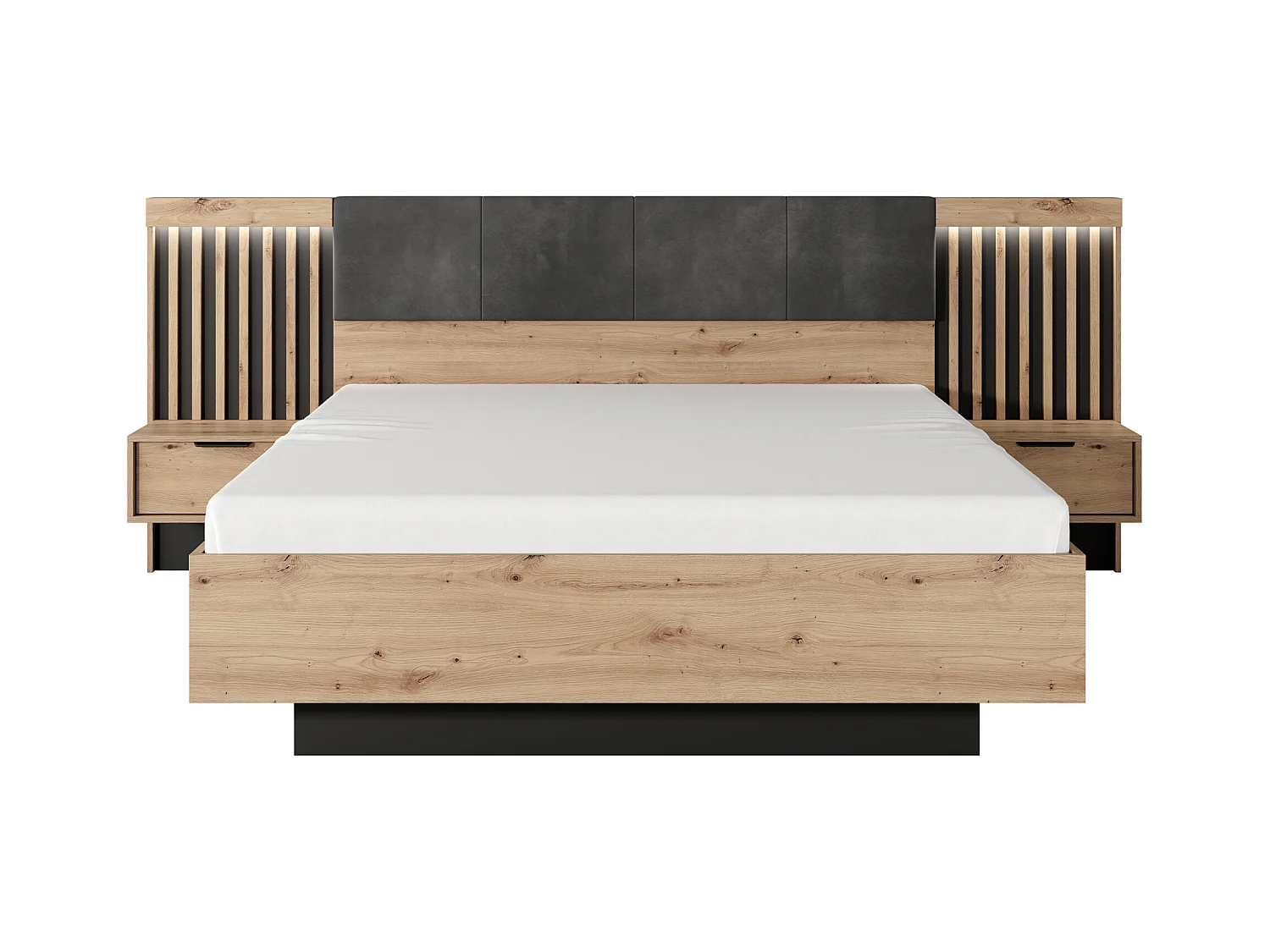 Set letto con comodini 160 x 200 cm + Comò Armadio Naturale e Nero - ARIADA