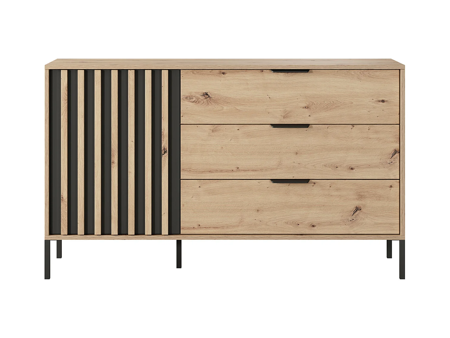 Set letto con comodini 160 x 200 cm + Comò Armadio Naturale e Nero - ARIADA