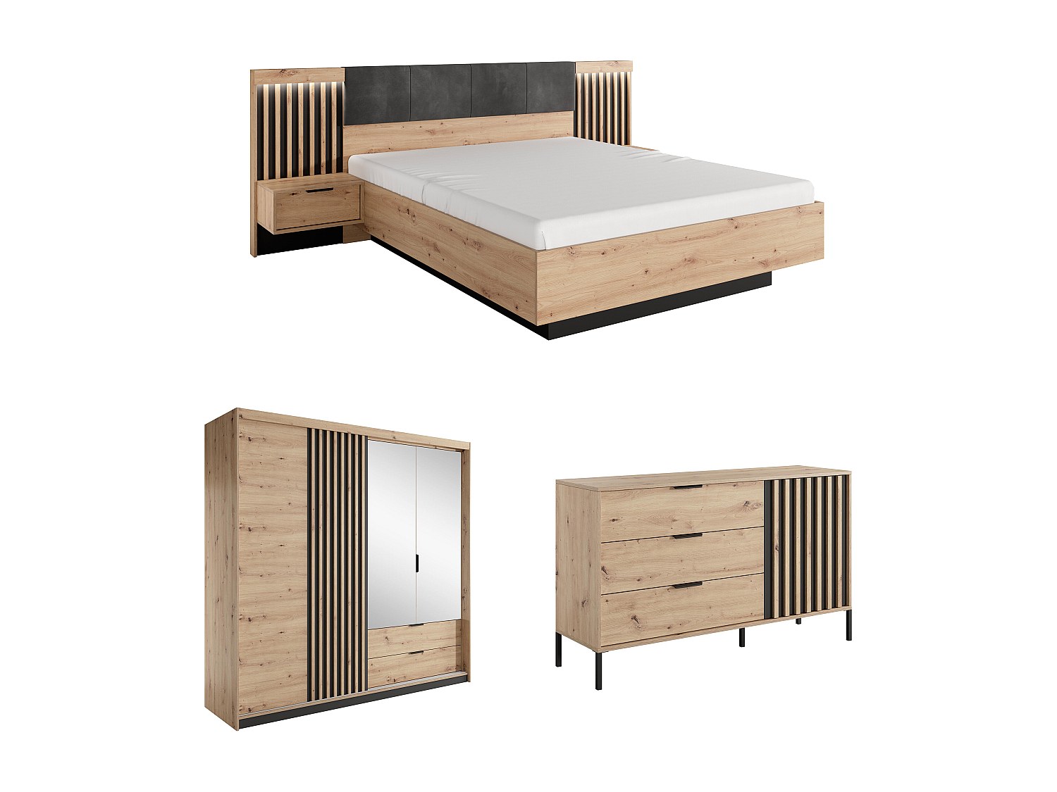 Schlafzimmer-Set - Bett mit Nachttischen - 160 x 200 cm + Kommode + Kleider günstig online kaufen