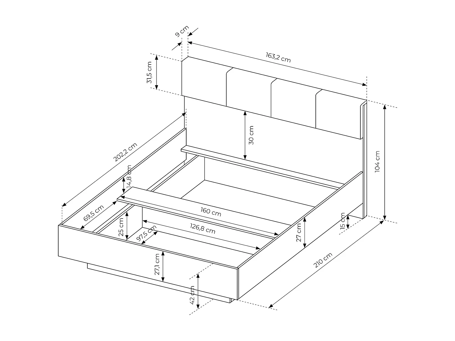 Set letto con comodini 160 x 200 cm + Comò Armadio Naturale e Nero - ARIADA