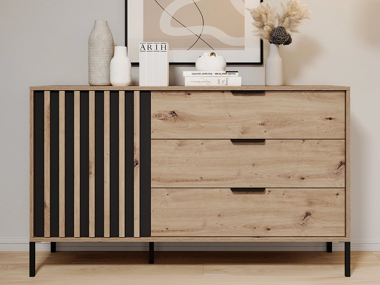 Ensemble lit avec chevets 160 x 200 cm + Sommier + Commode + Armoire - Coloris : Naturel et noir - ARIADA