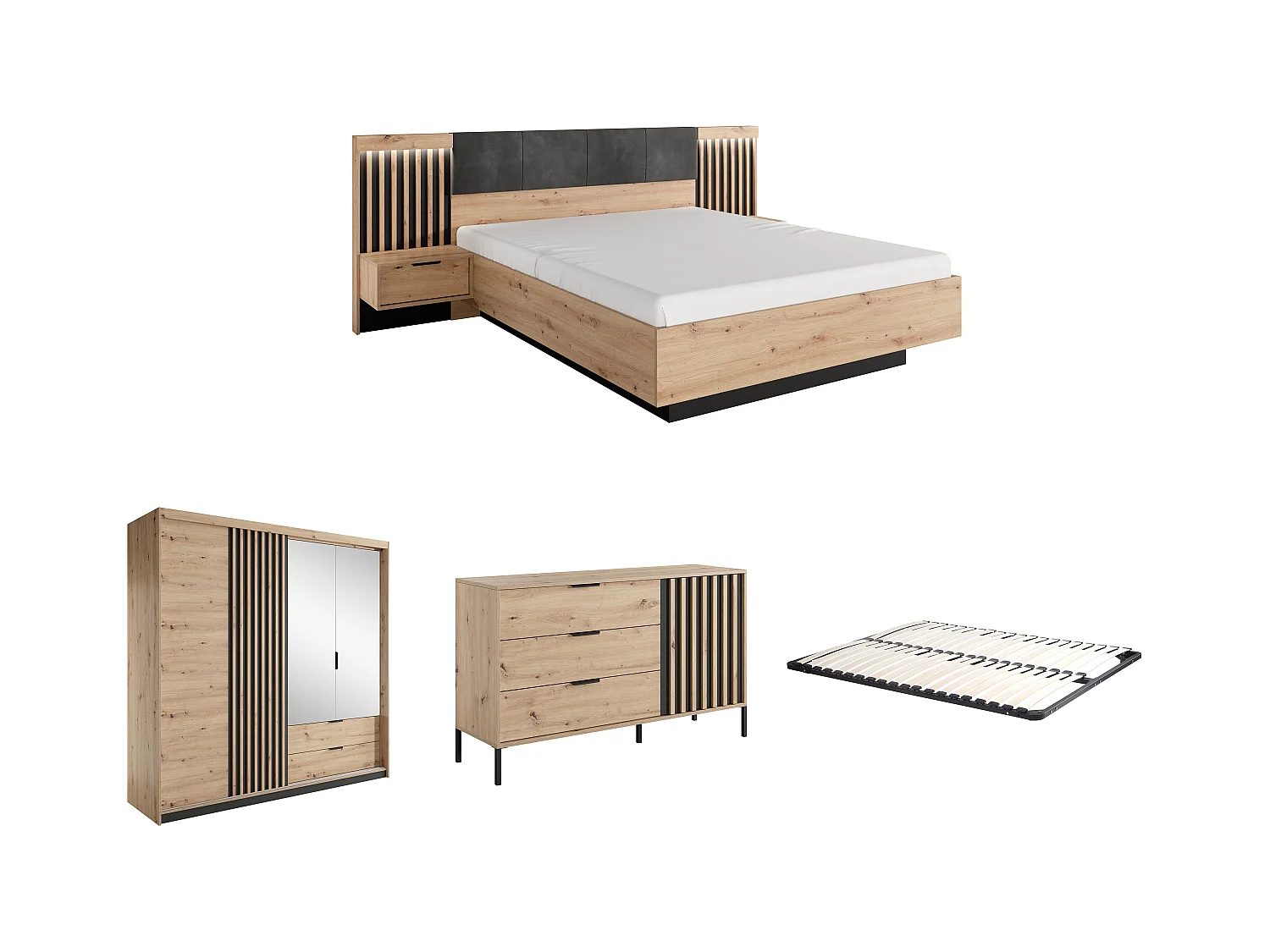 Set bed met nachtkastjes 160 x 200 cm + bedbodem + ladekast + kast - Kleur: naturel en zwart - ARIADA