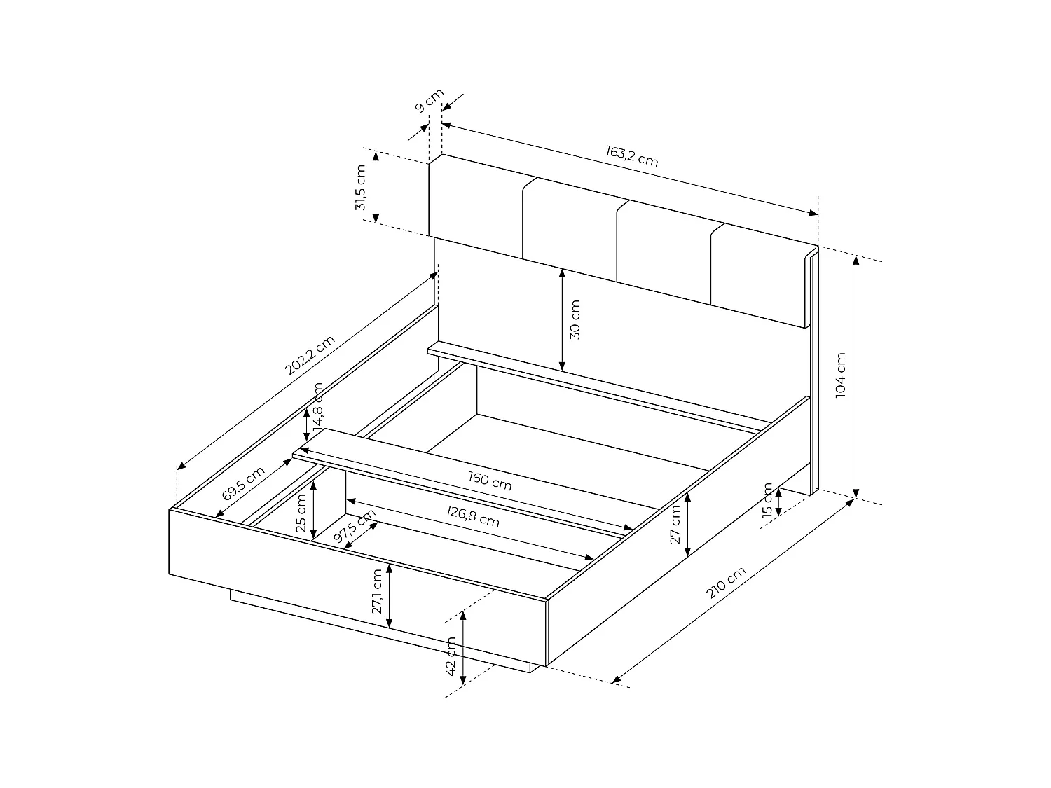 Set bed met nachtkastjes 160 x 200 cm + bedbodem + ladekast + kast - Kleur: naturel en zwart - ARIADA
