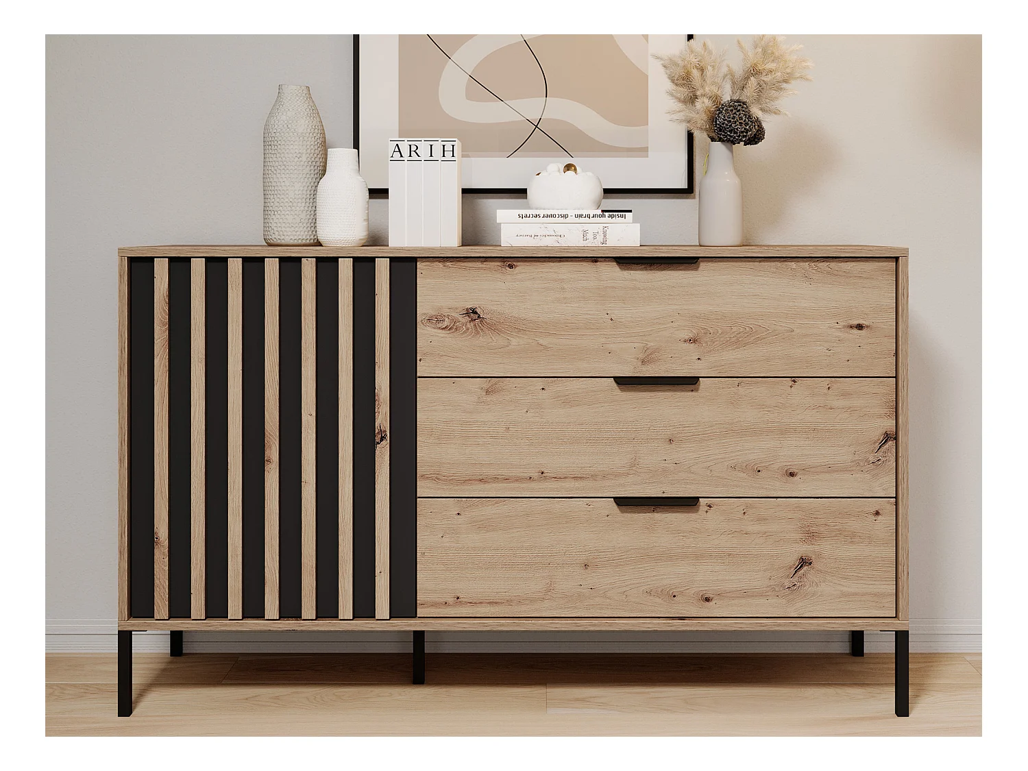 Set bed met nachtkastjes 160 x 200 cm + bedbodem + ladekast + kast - Kleur: naturel en zwart - ARIADA