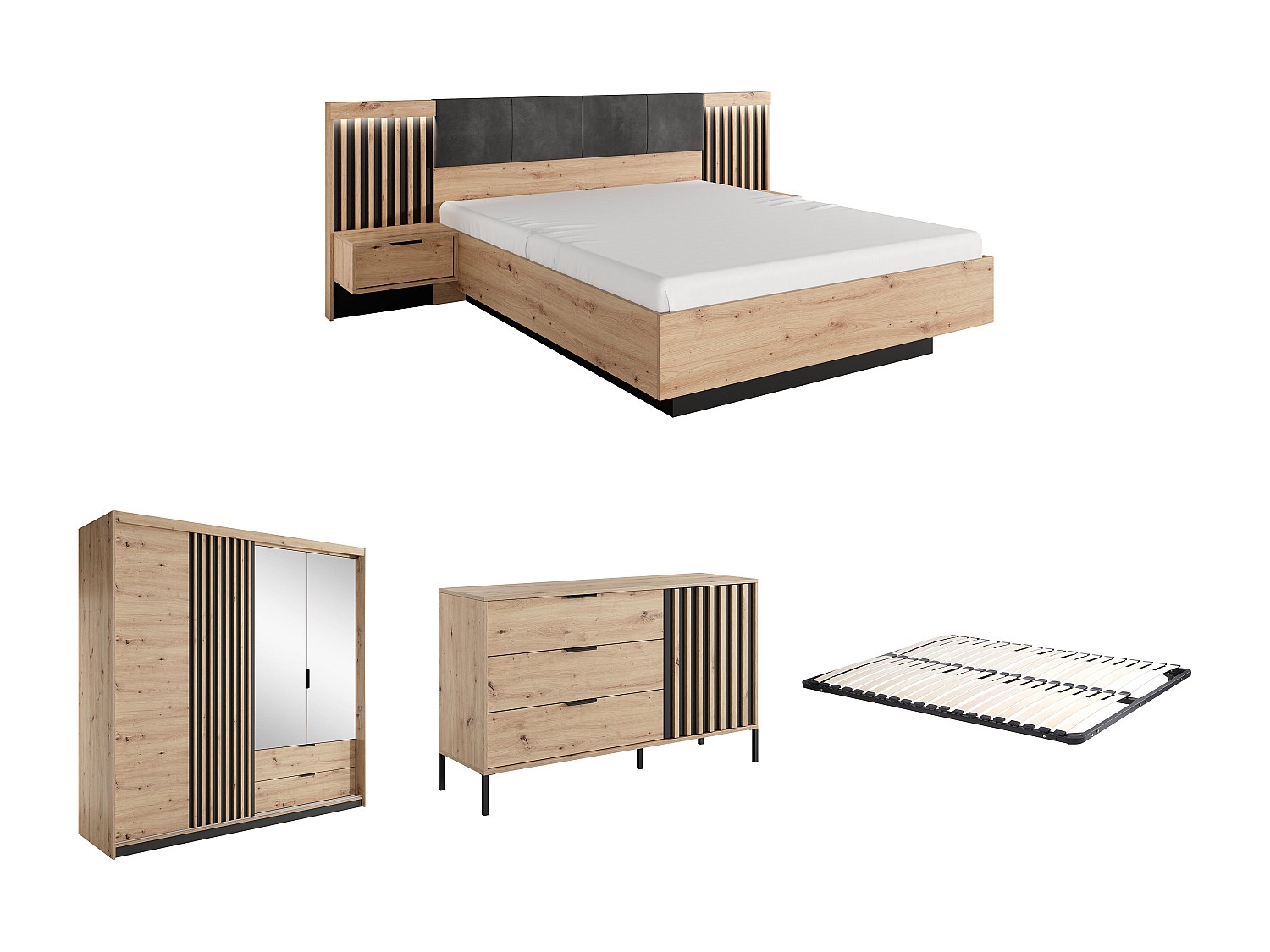 Schlafzimmer-Set - Bett mit Nachttischen - 160 x 200 cm + Lattenrost + Komm günstig online kaufen