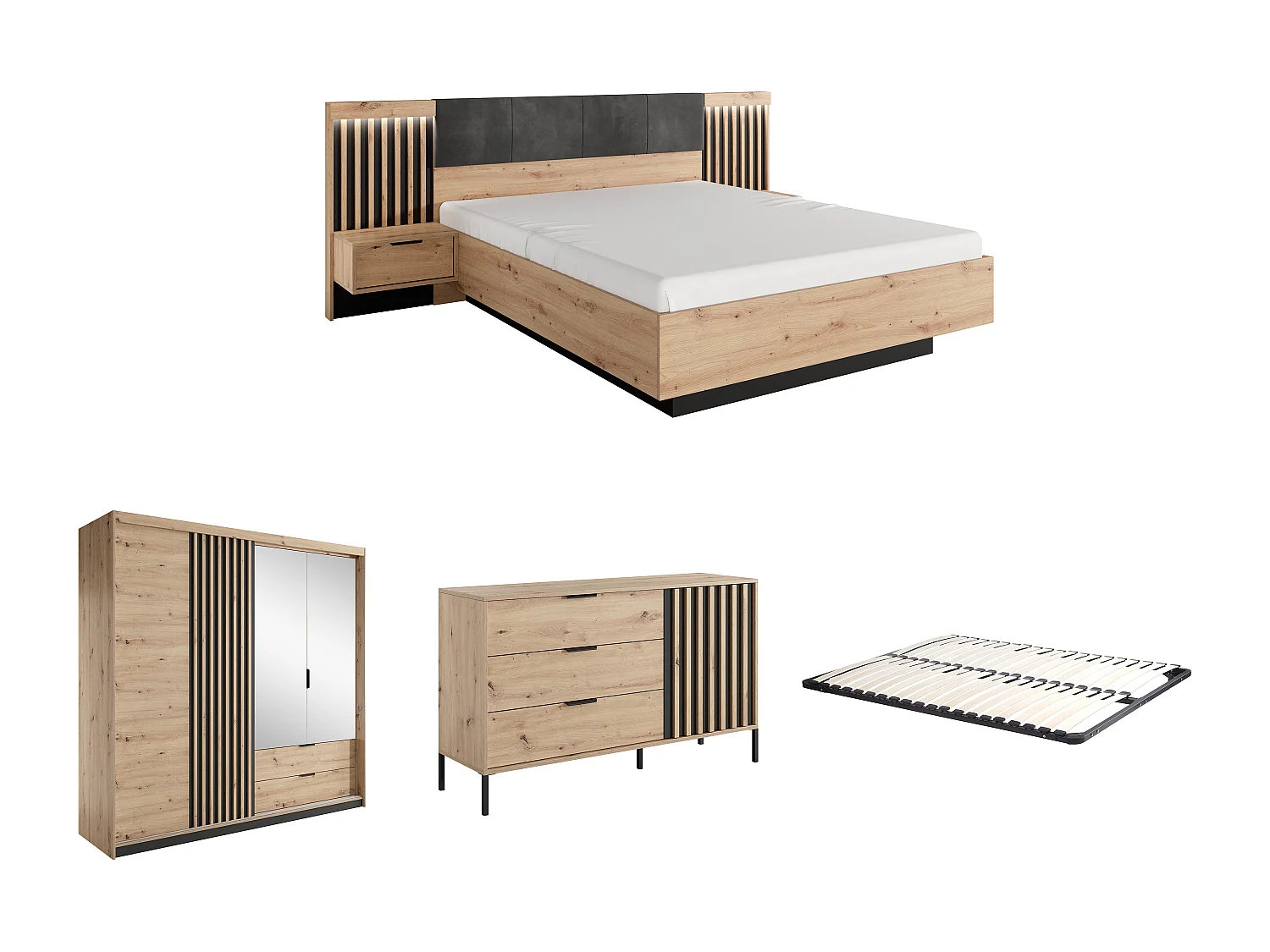 Ensemble lit avec chevets 160 x 200 cm + Sommier + Commode + Armoire - Coloris : Naturel et noir - ARIADA