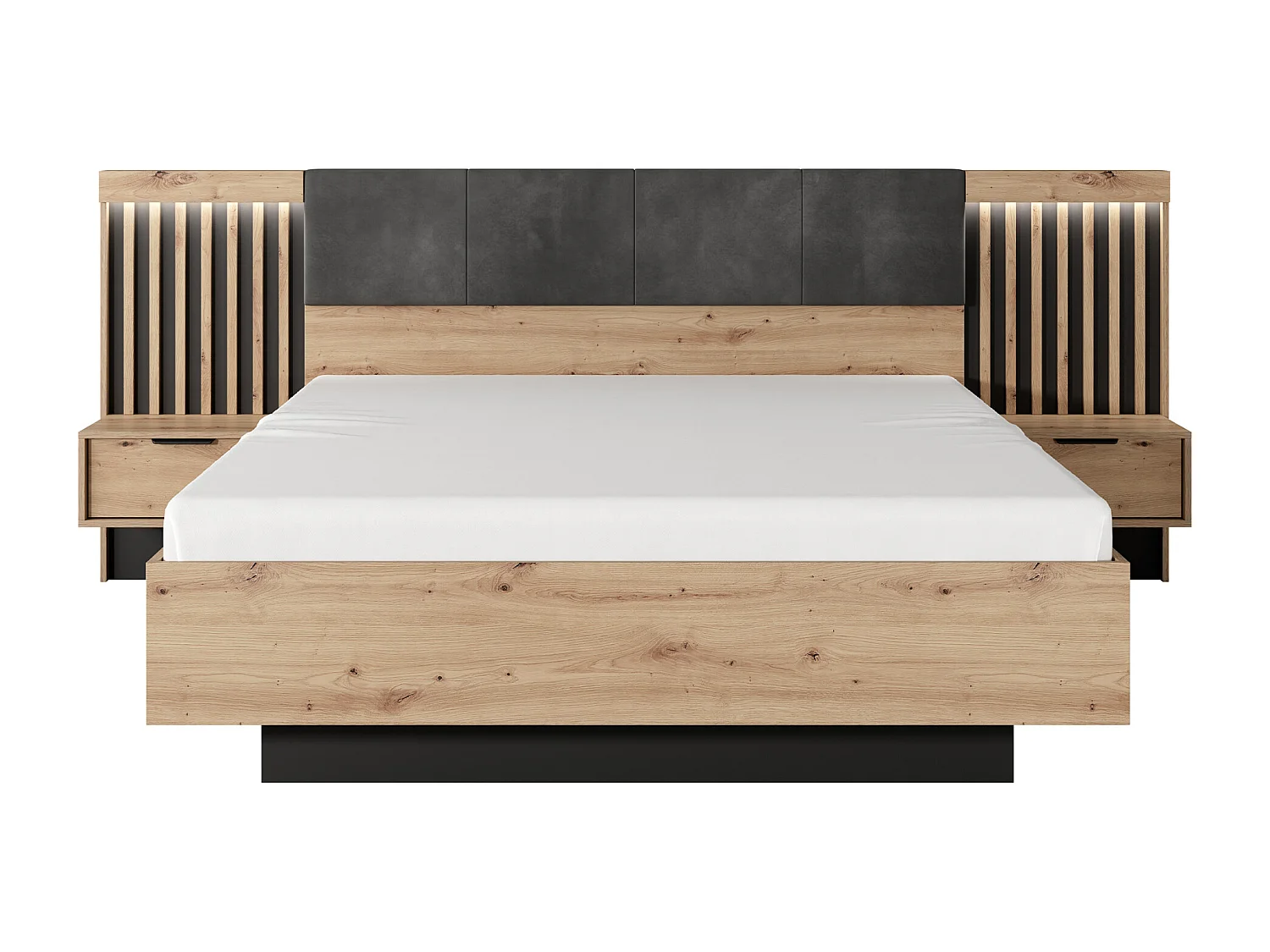 Ensemble lit avec chevets 160 x 200 cm + Sommier + Commode + Armoire - Coloris : Naturel et noir - ARIADA