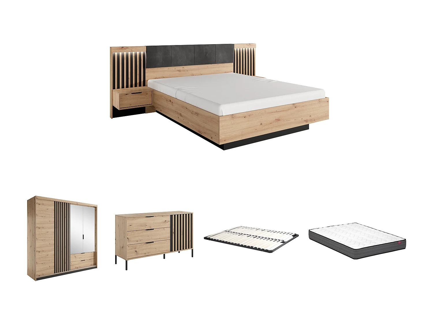 Conjunto de cama con mesas de noche 160 x 200 cm + Somier + Colchón + Cómoda + Armario - Color: Natural y negro - ARIADA